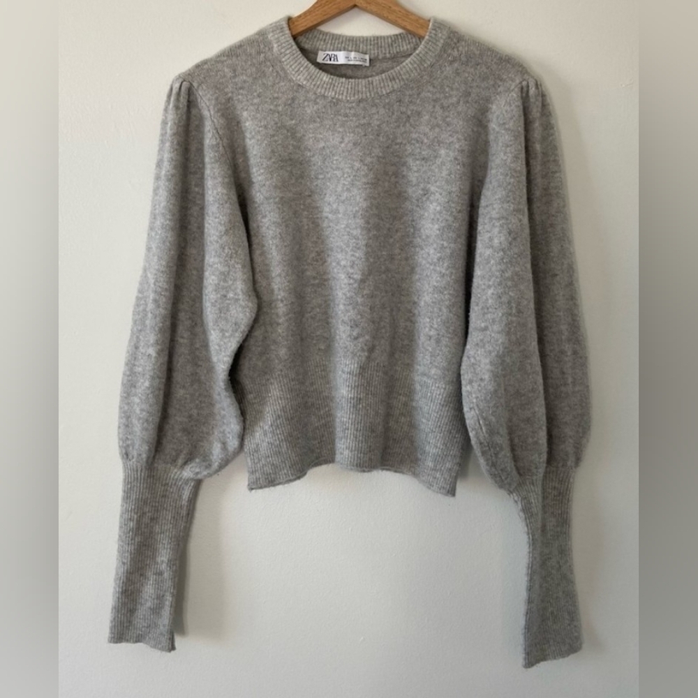 Zara Puff Sleeve Knitted Gray Sweater Sz Small